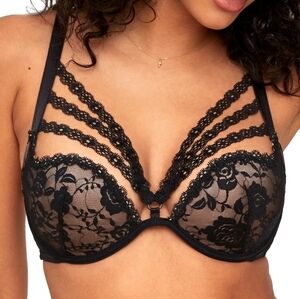 Adore Me Marcia Push Up Bra Black Lace Strappy Plunge Bra 36C